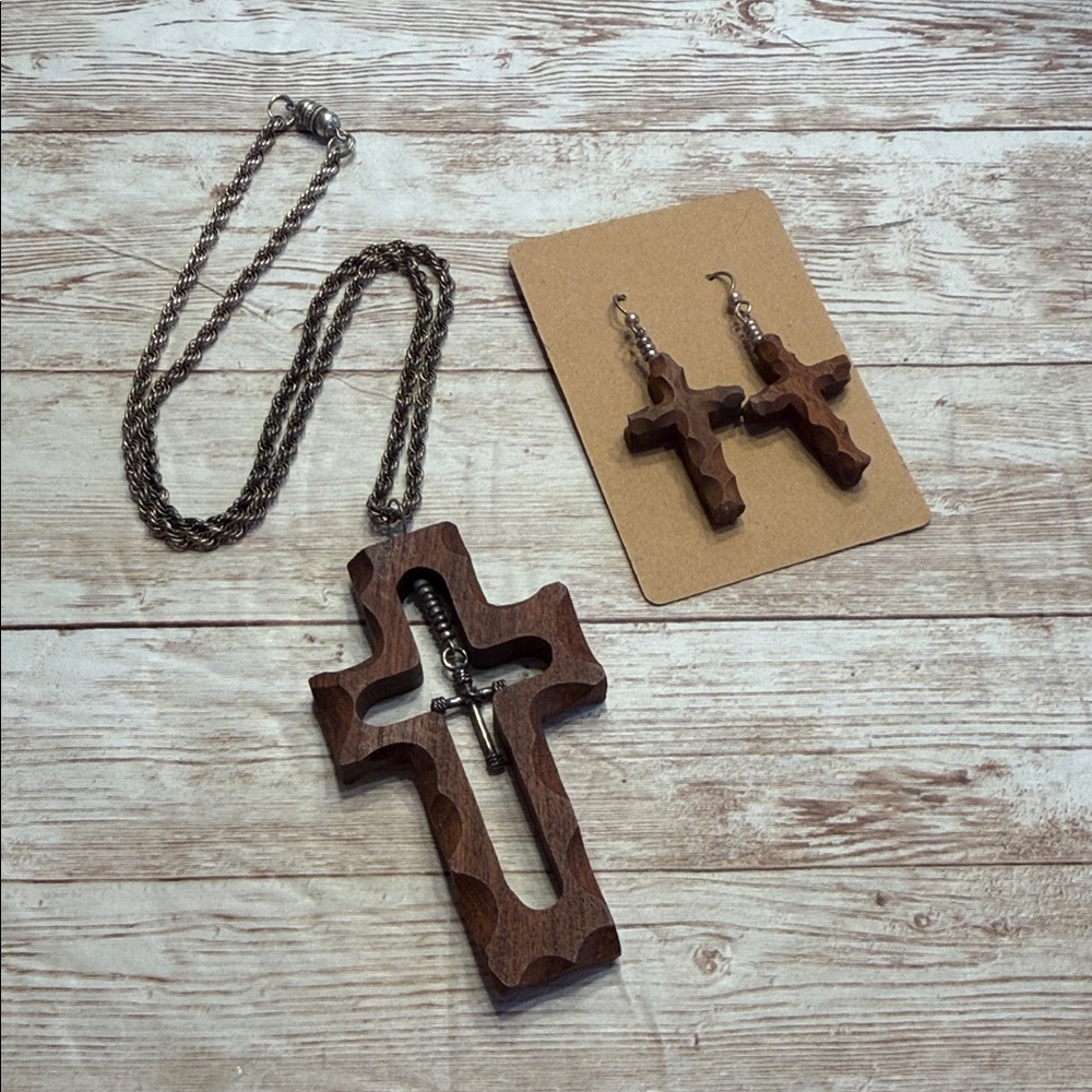 Hand carved Large Wooden Cross Pendant & Earrings Set